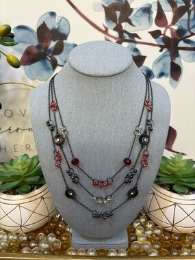 Boho Multi-Strand Red and Black Beaded Gunmetal Necklace - Women Jewelry